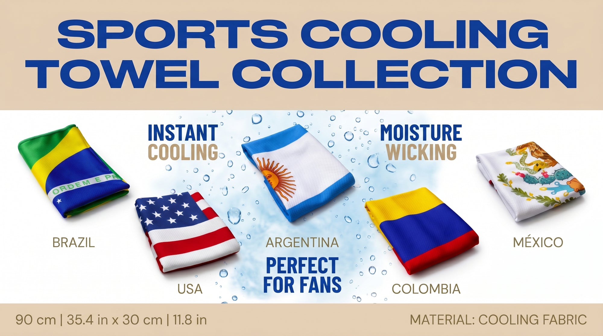 Sports cooling towel collection with various designs and text on a beige background